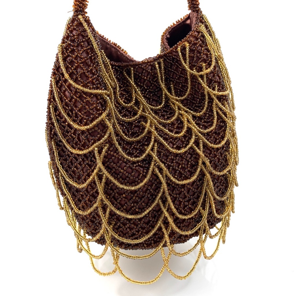 ❌SOLD❌ VTG brown and gold glass beaded scalloped mini bag - Picture 3 of 8